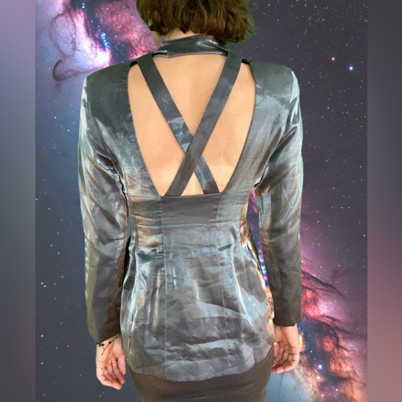 Cache Other - Vtg 90s Cache cosmic metallic silver gray Satin Blazer cutout back Skirt Set